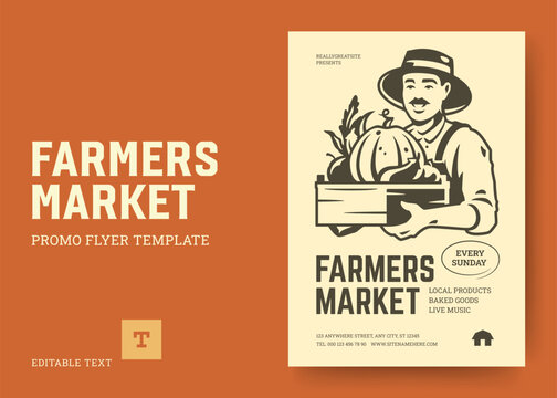 Retro agricultural market promo flyer vector template with editable text logo helps organic growers advertise autumn harvest events to local shoppers in classic woodcut style