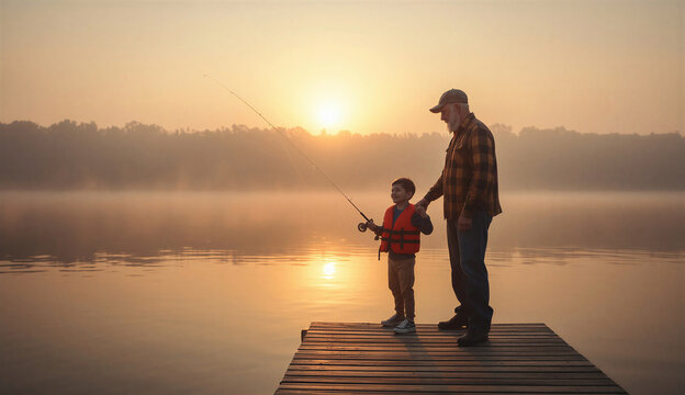 A father and son fishing together on a pier, illuminated by the warm colors of a sunrise in the background.