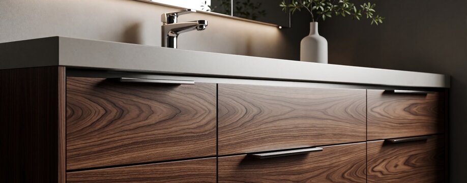 Modern bathroom cabinet with wood grain texture, metal handles. Sleek washbasin vanity features marble countertop, chrome faucet. Minimalist interior design shows luxury home decor style with warm