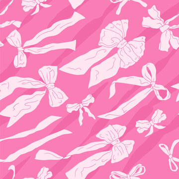 Tossed romantic pink ribbon bows over a fluid zebra stripe background seamless pattern. Cute girly coquette repeat background