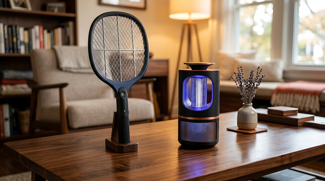 Electric bug swatter and ultraviolet insect trap on a wooden living room table