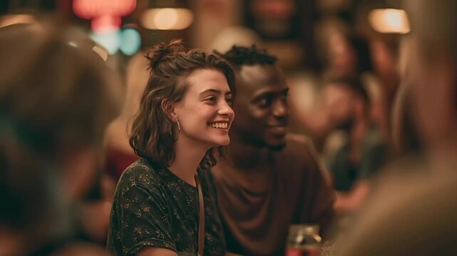 Paris, France, Europe. A candid shot of a young woman and a man seated at a table in a dimly lit bar or restaurant. The woman, on the left, has auburn hair tied back in a bun, wearing a floral blouse.