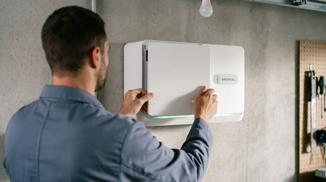 Man Installing a Home Energy Storage Battery on a Garage Wall
