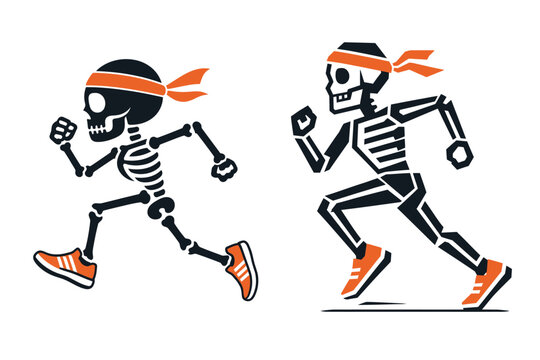 Cartoon skeletons running with headbands illustration skeleton character halloween exercise athletic headband illustration isolated background celebration movement creature humanoid