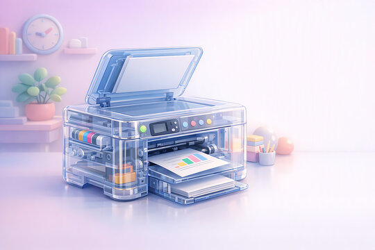Whimsical 3D Render of a Transparent Printer Machine with Pastel Office Decor and Data Chart
