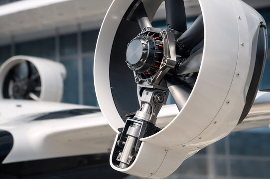 White eVTOL aircraft, an aerial taxi, on a helipad with landing lights. Future urban air mobility concept. Electric vertical take off and landing aircraft.