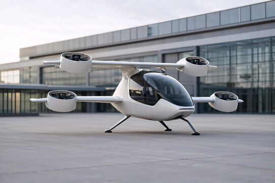 White eVTOL aircraft, an aerial taxi, on a helipad with landing lights. Future urban air mobility concept. Electric vertical take off and landing aircraft.