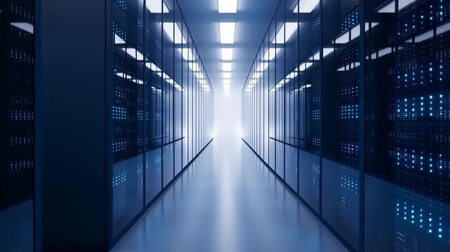 Illuminated server aisle in modern data center with glass racks, blue status lights, reflective floor, and strong symmetrical perspective toward bright vanishing point