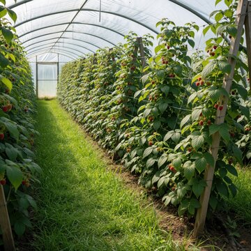 Green grassy path runs between long rows of raspberry canes supported by trellis wires inside polytunnel greenhouse. Fresh red berries grow on plants within modern agricultural structure. Sunny
