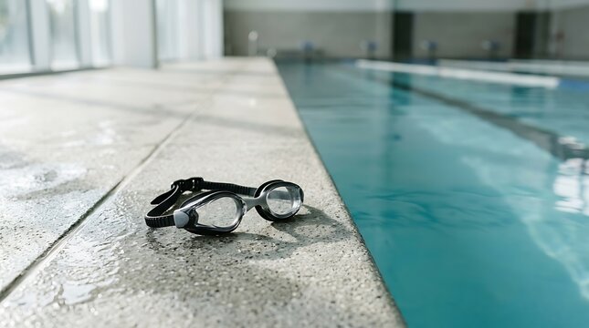 Swimming goggles placed on the edge of a swimming pool. The clear blue water reflects the light, and the pool lanes are visible in the background, suggesting preparation for a swim