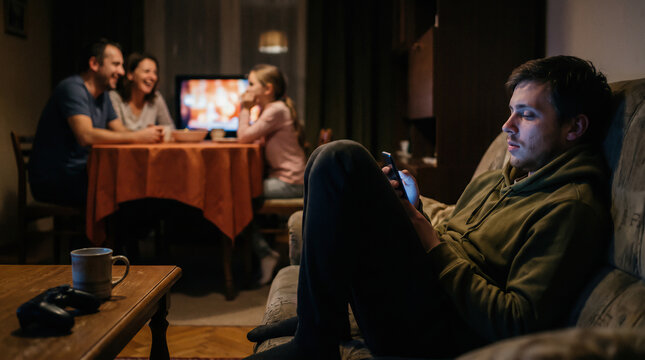 Man Absorbed in an AI Chatbot Conversation While Family Laughs in the Background