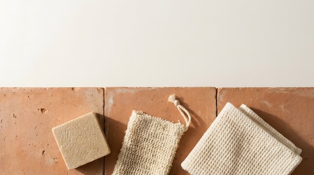 Natural organic soap bar with sisal pouch and cotton cloth on rustic stone background