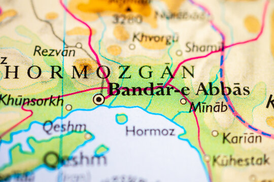 Detailed map showing Bandar e Abbas region with road connections and terrain features.