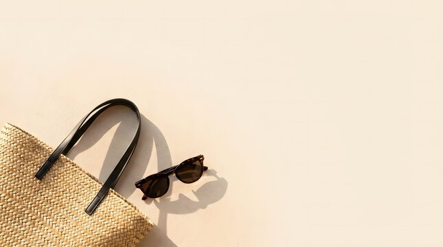 Woven straw beach bag and sunglasses isolated on a minimalist beige background
