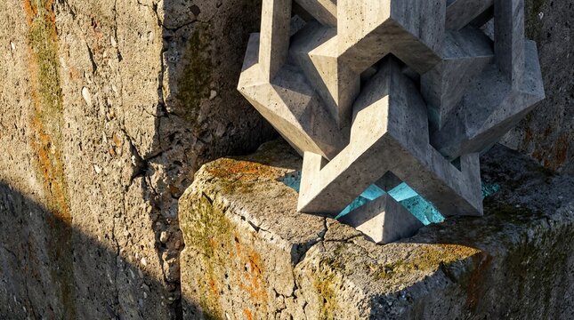 Contemporary art installations, a geometric concrete sculpture stands on a cracked surface, illuminated by turquoise light