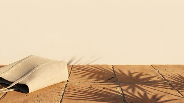 Open holy bible book on a wooden table with tropical palm leaf shadows cast