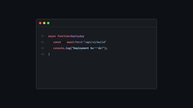 Java script async function code typing animation for software development and web programming projects 4k
