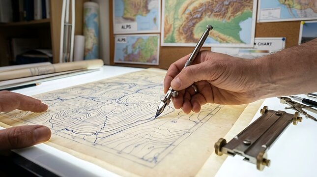 Cartographer using a compass and map on a light table for precision work