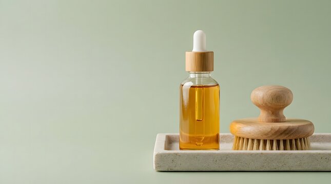Natural organic face oil serum bottle with wooden massage brush on a stone tray