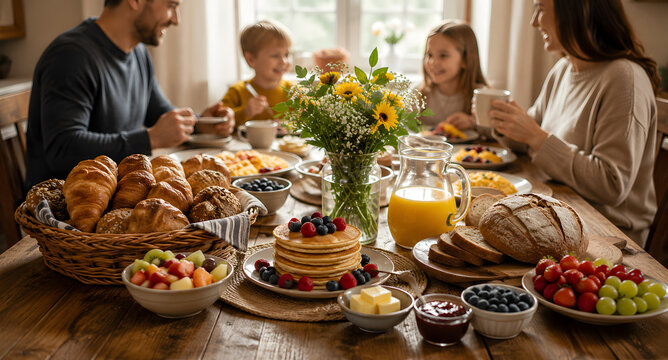 Fam&iacute;lia feliz tomando um delicioso caf&eacute; da manh&atilde; juntos na mesa de madeira em casa juntos