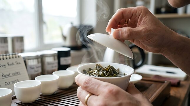 Person preparing hot tea ceremony with steam rising from a cup