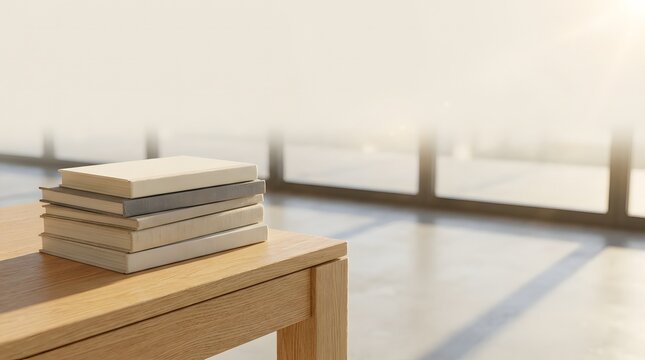 A stack of books resting on a wooden table in a bright modern room
