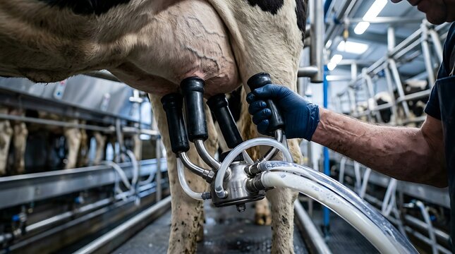 Farmer Milking Cow with Automated Milking Machine on Dairy Farm