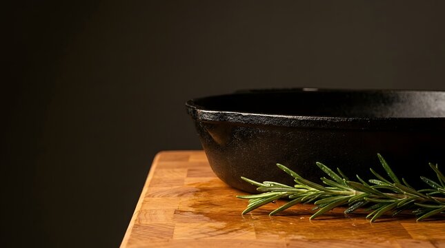Rustic cast iron skillet with fresh rosemary sprig on a wooden kitchen table surface