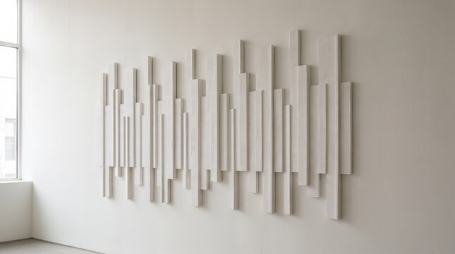 Minimalist abstract wall installation of staggered vertical white panels, varying heights and thickness, casting subtle shadows, creating rhythm, depth, and modern geometric composition.