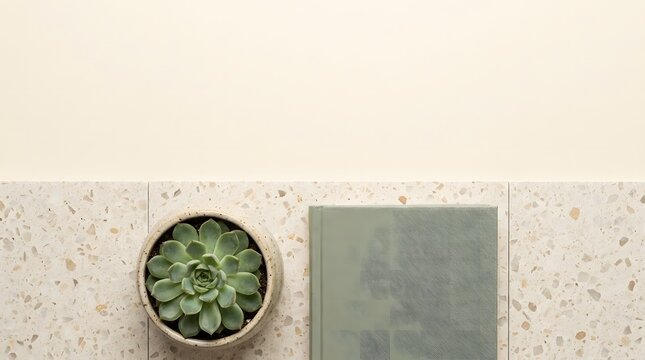Top view of a small succulent plant and a green notebook on textured surface