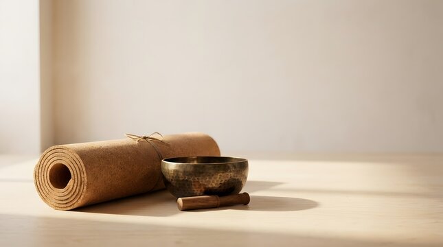 Rolled yoga mat and a metal singing bowl placed on a bright wooden surface