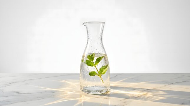 A clear glass carafe filled with fresh water and green mint leaves on wooden table