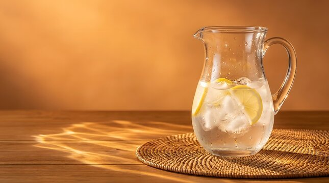 A glass pitcher filled with cold water and lemon slices on a wooden table
