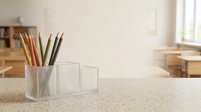 A clear glass pencil holder with colored pencils on a bright office desk background