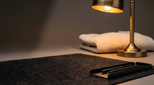 A warm desk lamp illuminating a dark textured mat with a folded white towel
