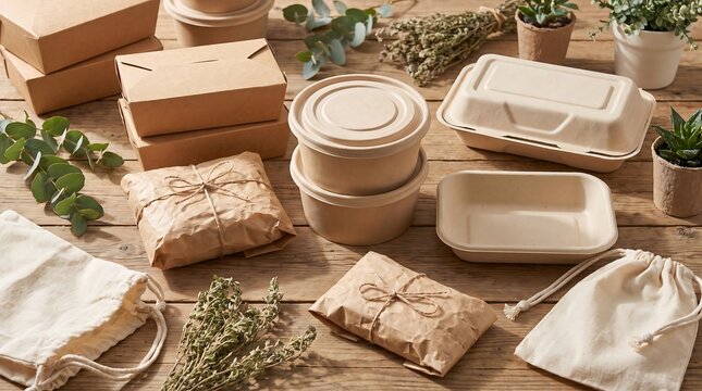 Assortment of eco-friendly food packaging on a wooden table, including cardboard boxes, paper bags, and biodegradable containers, for sustainable takeout.