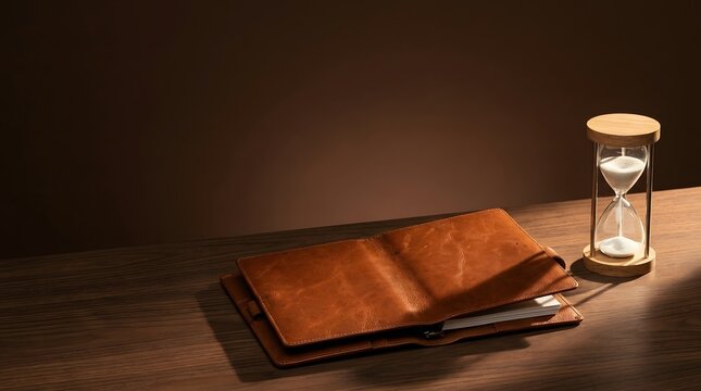An open leather journal with an hourglass sitting on a rustic wooden table surface