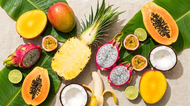 Vibrant tropical fruit arrangement on banana leaves featuring whole and cut pineapples, papayas, mangoes, dragon fruits, passion fruits, coconuts, and limes.
