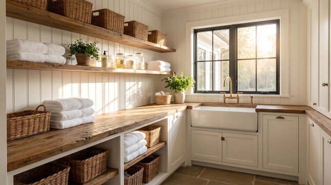 A sunlit laundry room with rustic wooden shelves, white cabinets, a farmhouse sink, and organized baskets and towels, creating a clean and functional space.