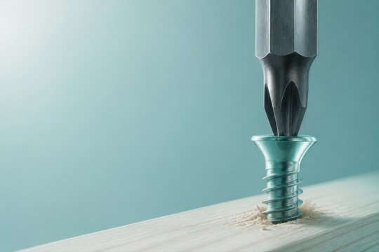 Precision wood screw installation with Torx bit on pale timber and teal background