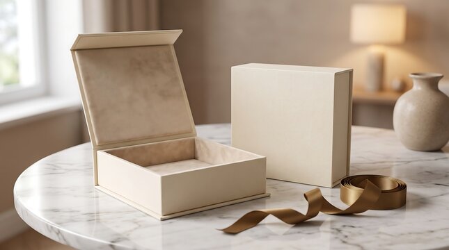Elegant beige gift box with open lid and gold ribbon on white marble table in soft light home interior for luxury brand presentation or wedding celebration.
