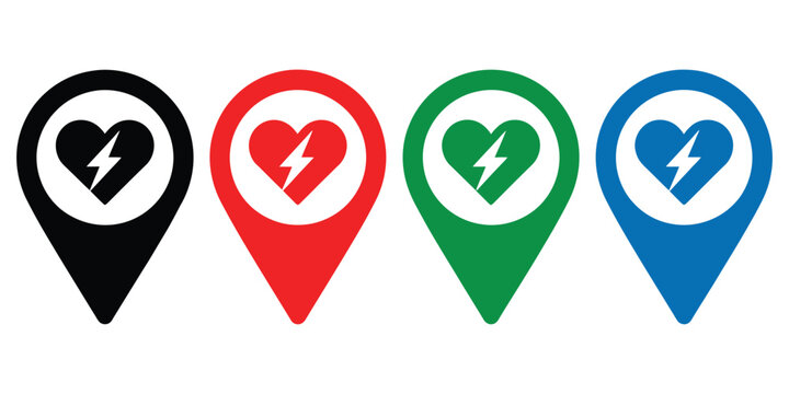 AED Sign with Heart and Electricity Symbol, Automated External Defibrillator Emergency Medical Rescue Icon in Bold Flat Style for Hospital Safety, First Aid, and Healthcare Signage