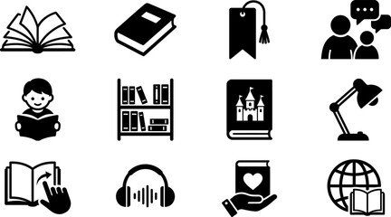 Obraz premium Set of academic and reading activity icons with education learning literature knowledge