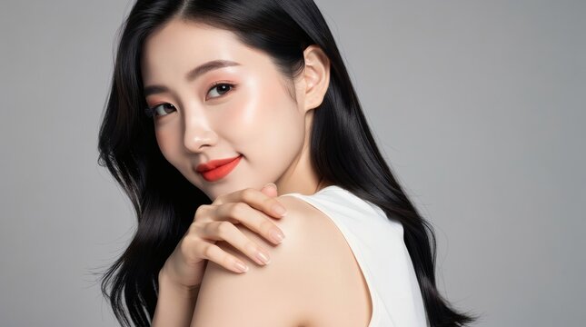 Model touches her shoulder gently while looking directly into the camera lens with poise.