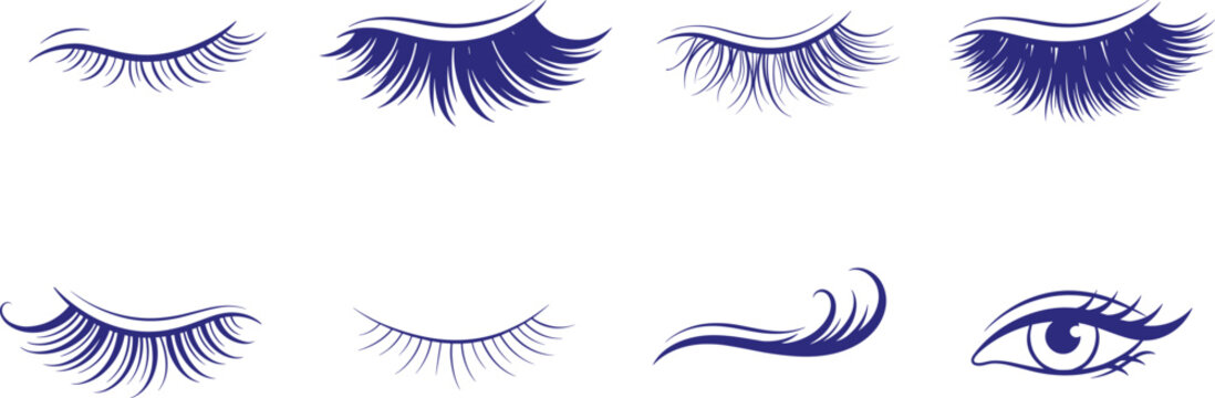 Long Eyelashes and Closed Eye Silhouette Vector Set with Various Eyelash Extensions and Brow Elements for Beauty Salon Logo Design