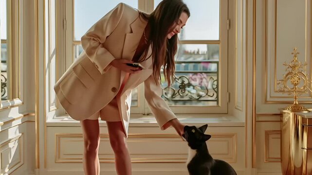 Paris, France, Europe. A vivid portrayal of a woman standing in a luxurious room with a panoramic view of the Eiffel Tower. She wears a beige blazer and shorts.