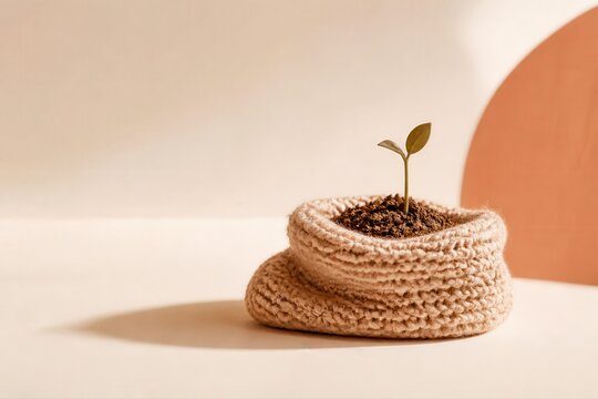 Sprout in Knitted Slipper Still Life with Cozy Eco Concept