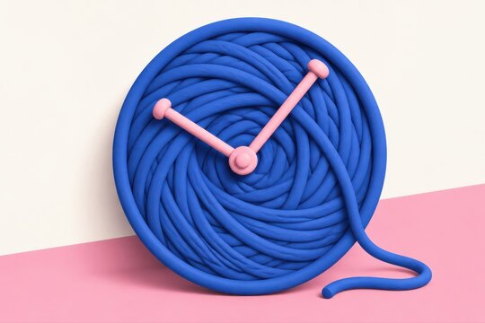 Blue yarn clock with pink hands on pastel background for time concept design