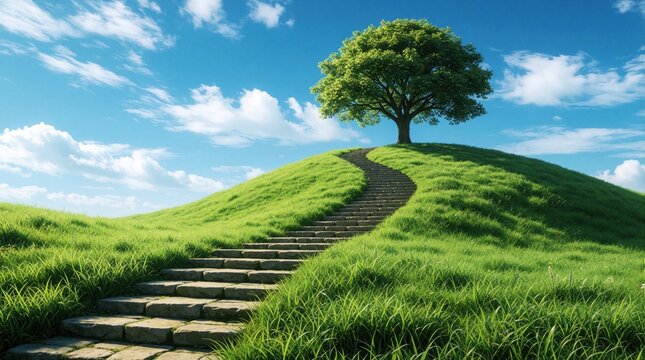 Stone stpic curve up a lush green hill towards a solitary tree under a bright blue sky with fluffy clouds. This peaceful landscape symbolizes growth and reaching new heights.