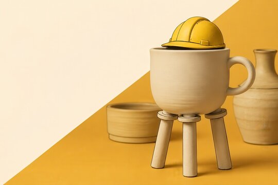 Builder mug on stool with hard hat in a warm studio still life